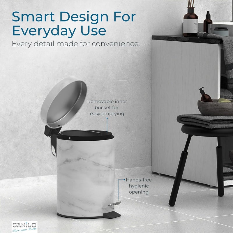 Sanilo Small Bathroom Trash Can with Lid [1.3 Gallon] - Lidded Tiny Trashcan for Garbage - Mini Metal Bin with Soft Closing Mechanism - Bath Room Accessoire Wastebin with Inner Bucket (Marble) - Image 4